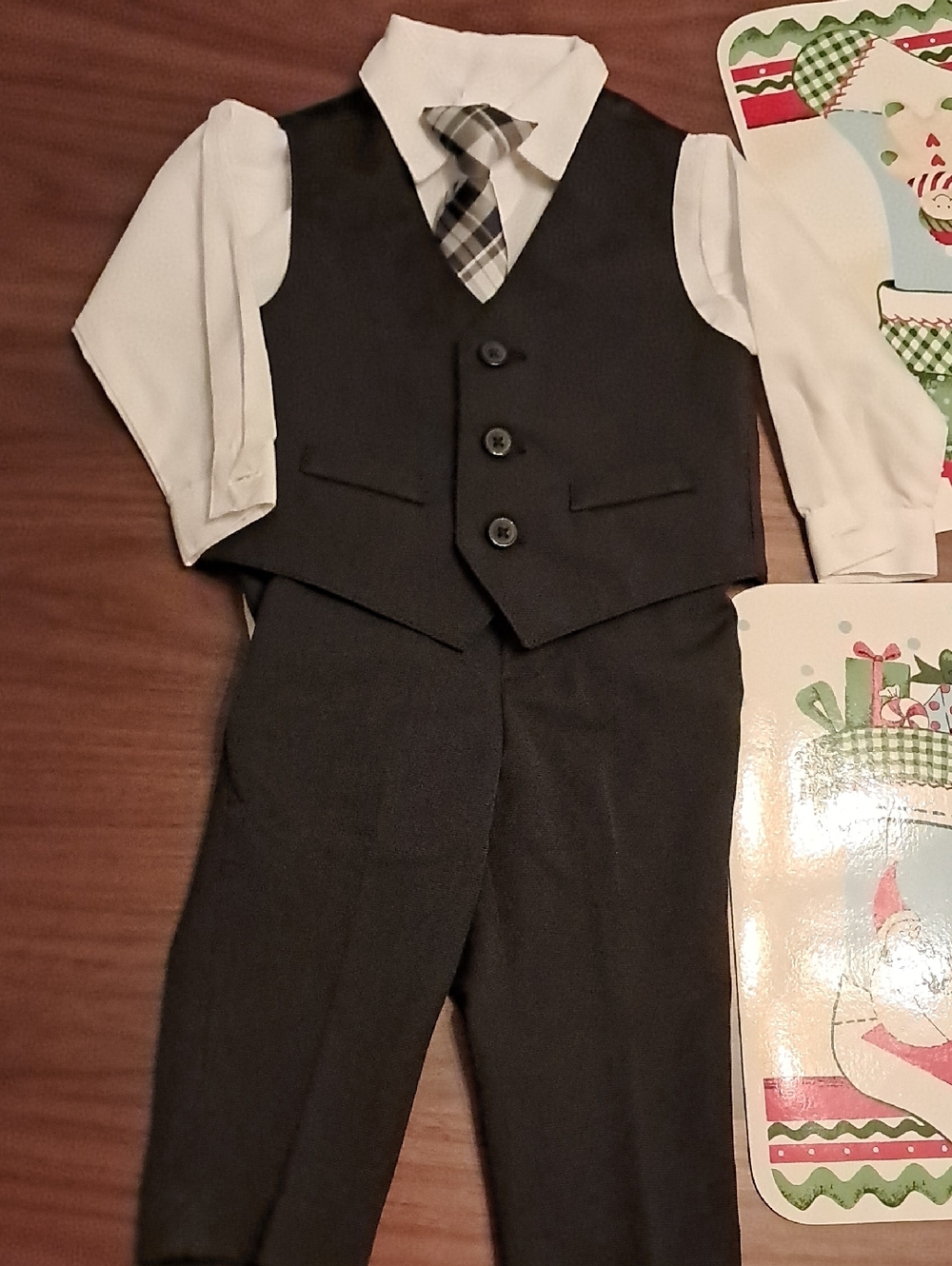 Van Heusen Black Vest and Pants Set with White Shirt and Plaid Tie